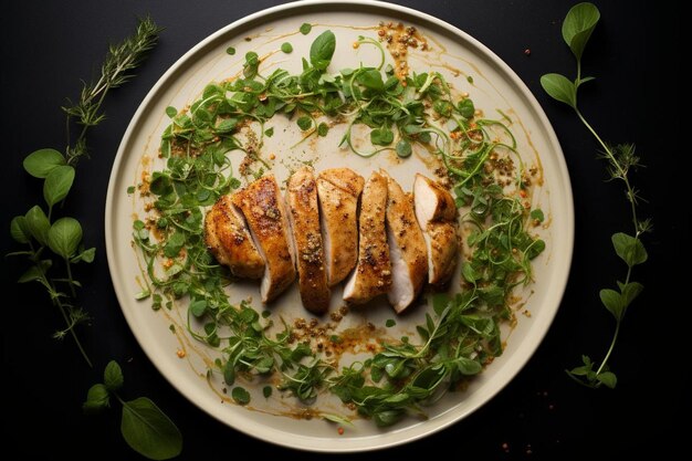 une assiette de poulet aux herbes et herbes sur fond noir.