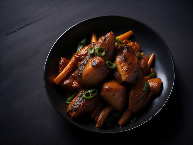 Une assiette de poulet aux oignons verts sur fond noir