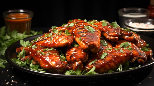 Une assiette de poulet buffalo grillé sur fond sombre