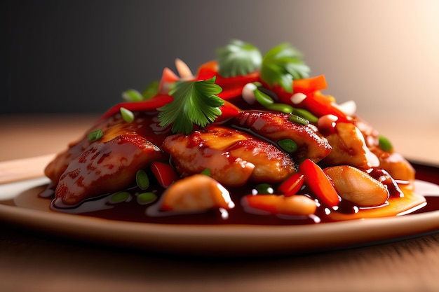 Une assiette de poulet chinois Kung Pao avec une sauce rouge et des légumes