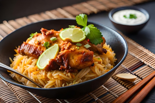 une assiette de poulet avec du citron et du citron vert dessus