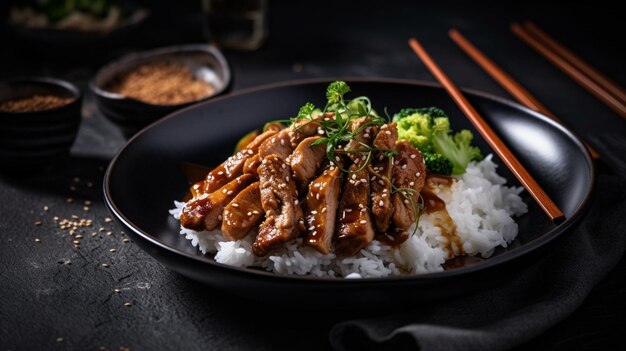 Photo une assiette de poulet avec du riz et du brocoli sur le côté