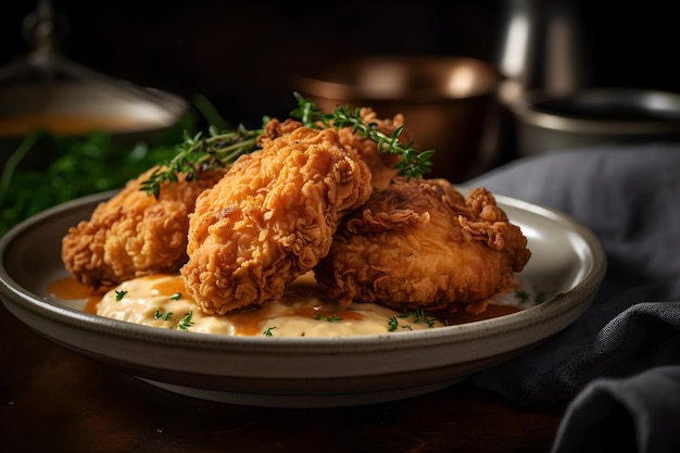 Une assiette de poulet frit avec un brin de romarin sur le dessus.