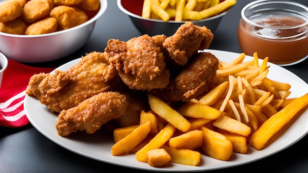 Une assiette de poulet frit et de frites avec un bol de jus de pomme en arrière-plan.