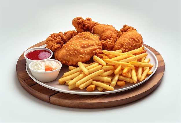 Une assiette de poulet frit et frites avec du ketchup