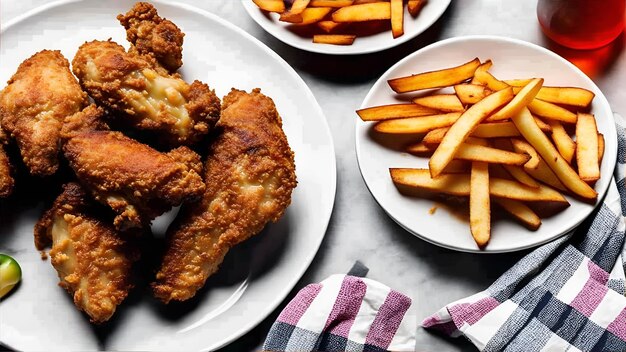 Photo une assiette de poulet frit et frites sur une table.