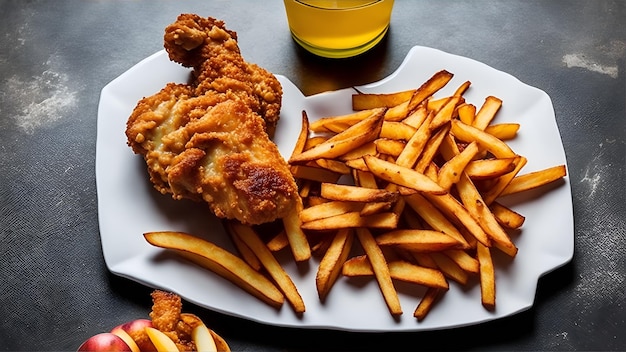 Photo une assiette de poulet frit et frites avec un verre de bière.