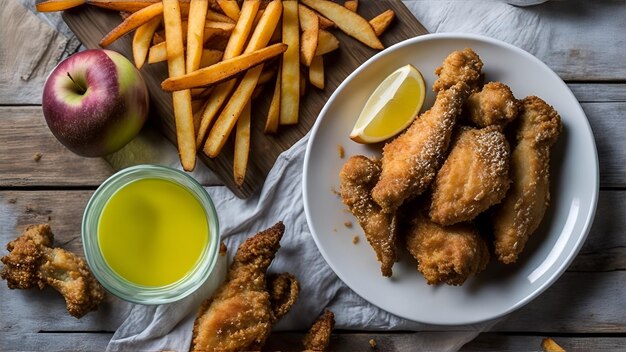 Une assiette de poulet frit et frites