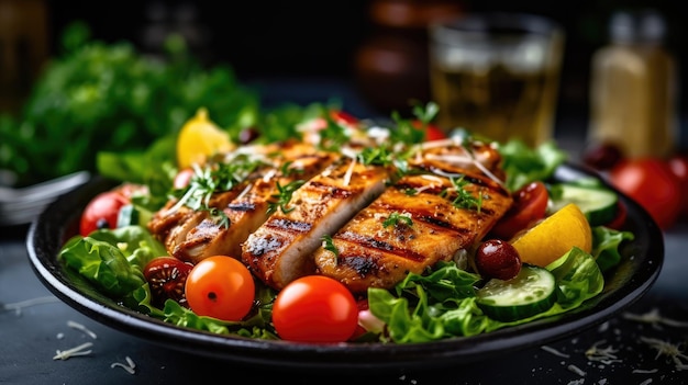 Une assiette de poulet grillé avec des légumes et un verre de bière