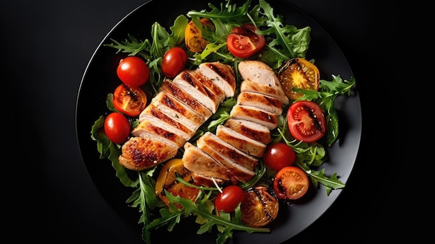 Photo une assiette de poulet grillé et de tomates sur un fond noir.