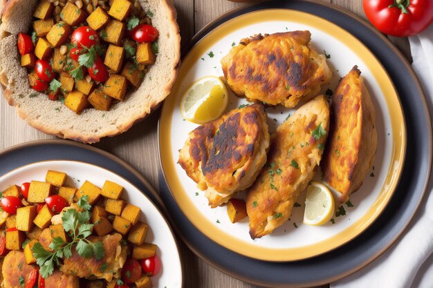 Une assiette de poulet et de pommes de terre avec un panier de pommes de terre sur le côté.