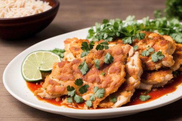 Une assiette de poulet avec une sauce rouge sur le dessus