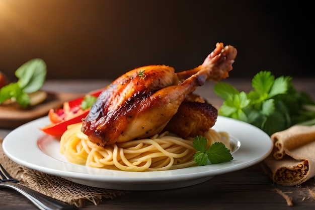 Une assiette de poulet avec des spaghettis et des tomates