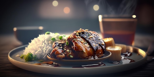 une assiette de poulet teriyaki sur fond flou