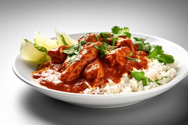 Une assiette de poulet tikka masala avec riz et concombre