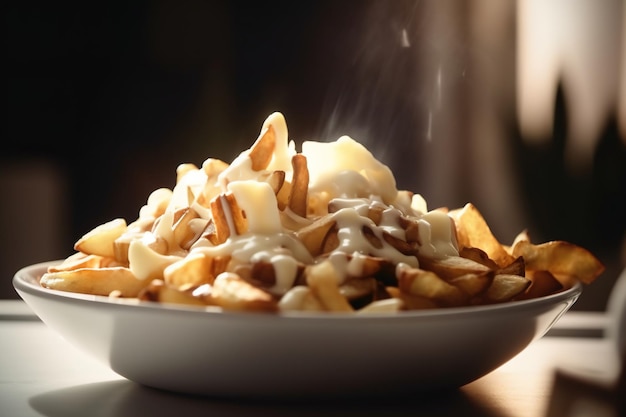 Une assiette de poutine avec fromage et sauce