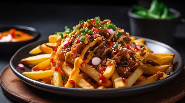 Une assiette de poutine avec un tas de frites dessus