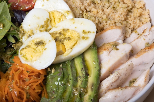 Une assiette de près avec des œufs, de la viande, des légumes et du couscous.