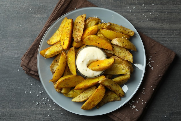 Assiette avec quartiers de pommes de terre et sauce sur texture sombre