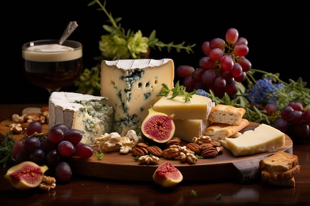 Une assiette rectangulaire blanche contient une sélection de fromages