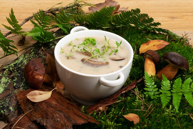 Assiette de restaurant blanche avec soupe aux champignons Boletus crème