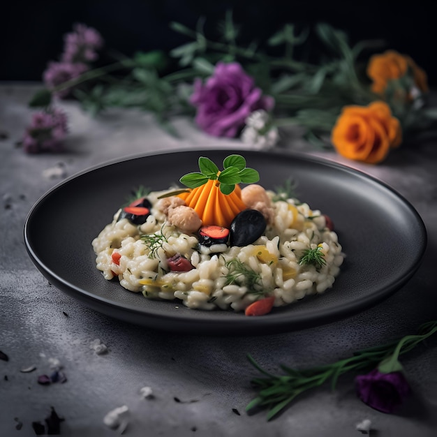 Une assiette de risotto avec un morceau de carotte dessus.