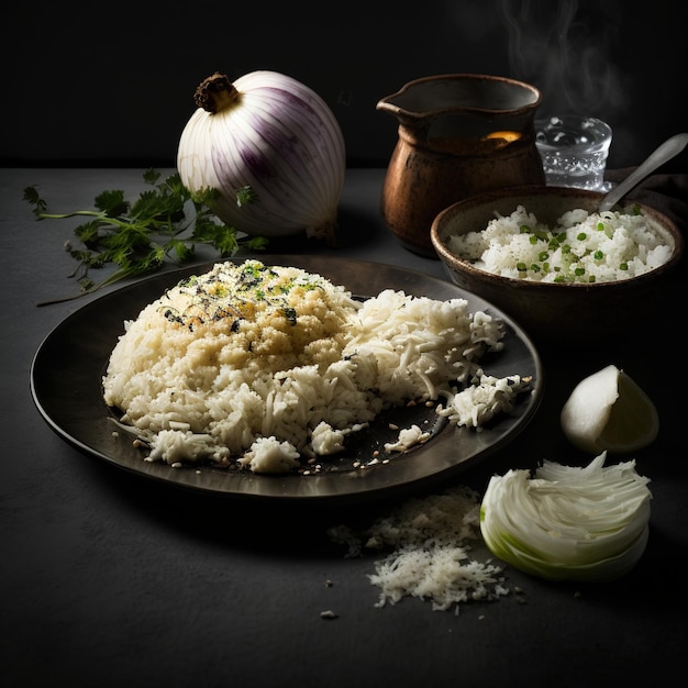 Photo une assiette de riz avec un bol d'oignons et un bol d'oignons.