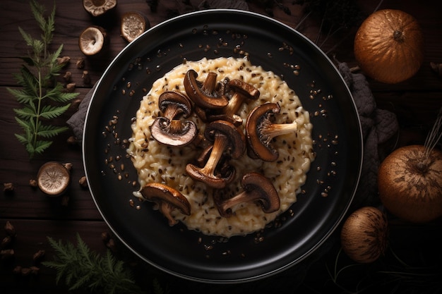 Une assiette de riz brun avec des champignons dessus