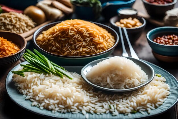 Une assiette de riz et du riz avec une cuillère dessus