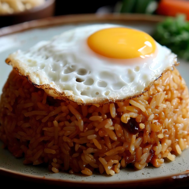 Une assiette de riz frit avec un œuf au plat sur le dessus