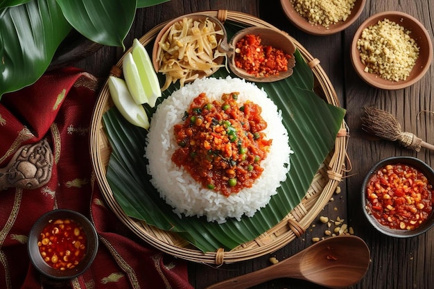 une assiette de riz et de légumes sur une feuille de banane