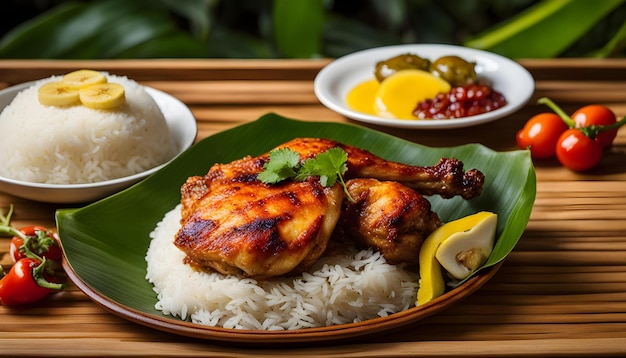 une assiette de riz de poulet et un coin de citron