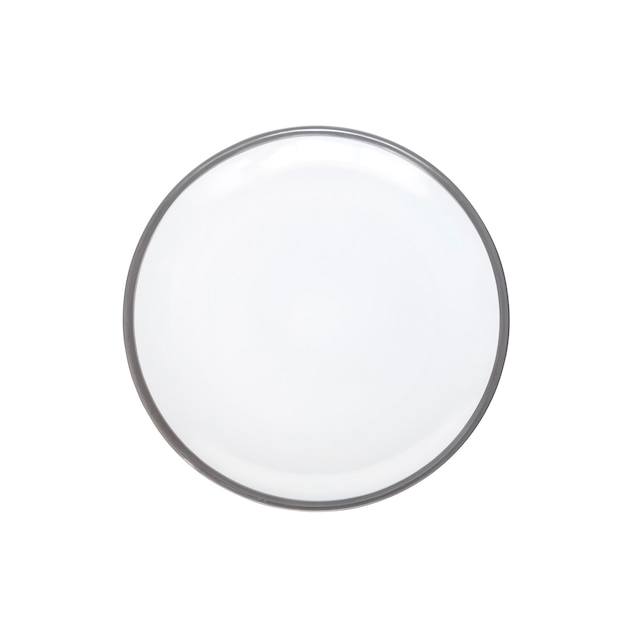 Assiette ronde en céramique isolée sur fond blanc avec un tracé de détourage. Mise à plat, vue de dessus