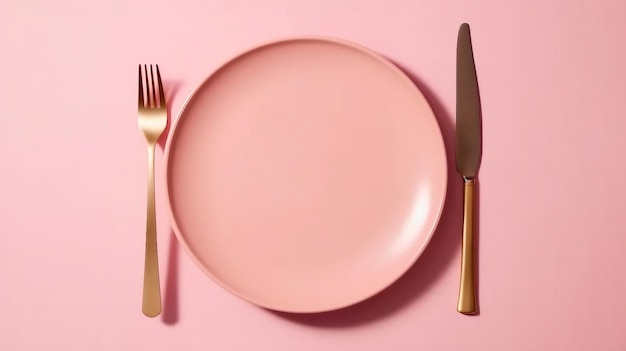 Une assiette rose avec un couteau et une fourchette sur fond rose