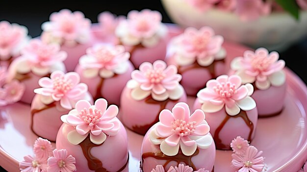 Une assiette rose recouverte de chocolat, de fraises couvertes de fleurs roses, de petits gâteaux de printemps.