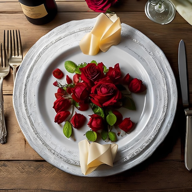 Une assiette de roses avec un couteau et une fourchette sur une table à côté.