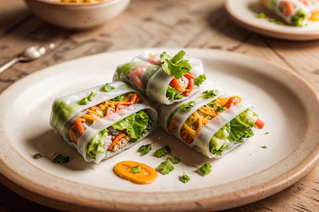 Une assiette de rouleaux de printemps avec des carottes, des poivrons rouges et des carottes dessus.