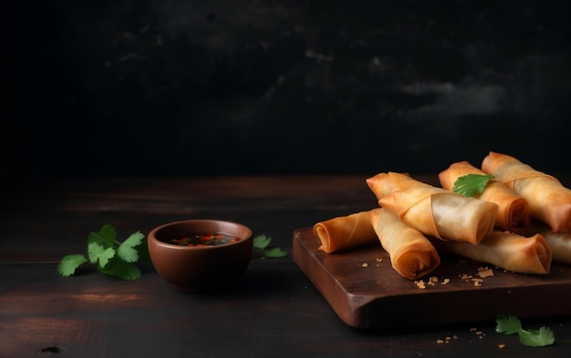 Une assiette de rouleaux de printemps frits avec un bol de trempette sur un fond sombre.