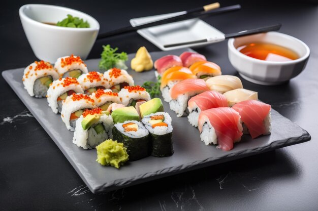 Assiette de rouleaux de sushi avec des ingrédients frais et des sauces savoureuses créées avec une IA générative