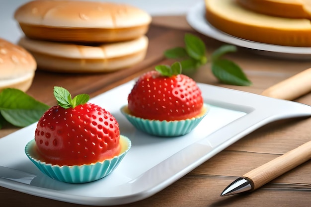 Une assiette de sablés aux fraises avec une pile de crêpes sur le côté.