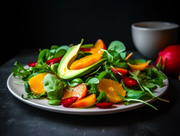 Assiette de salade aux oranges avocat et épinards Generative AI