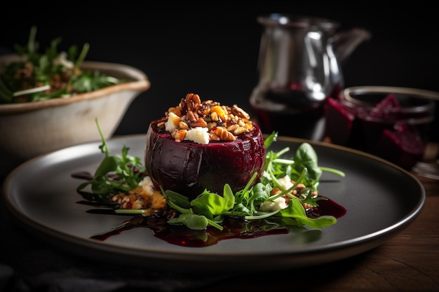 Une assiette de salade de betteraves avec un côté de salade