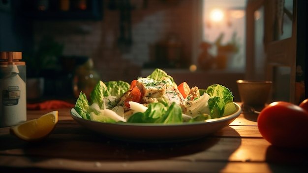 Une assiette de salade avec un bol de laitue et de tomate sur une table dans un restaurant.