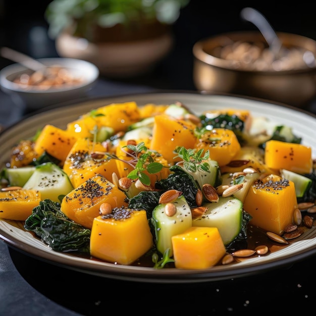 Assiette de salade de courge jaune aux noix sur le dessus