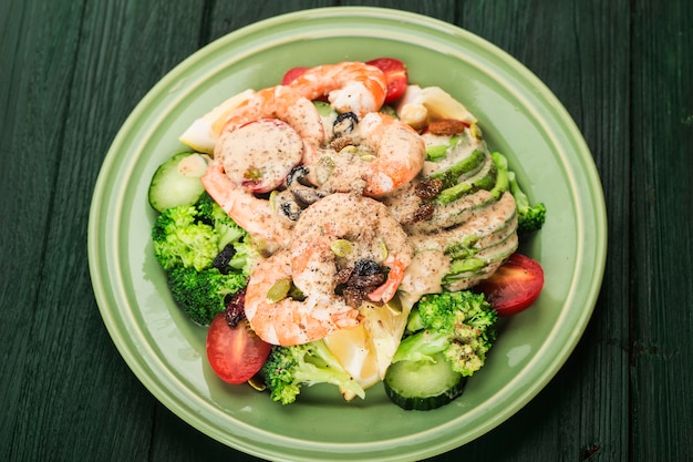 Une assiette de salade de crevettes aux légumes aux légumes