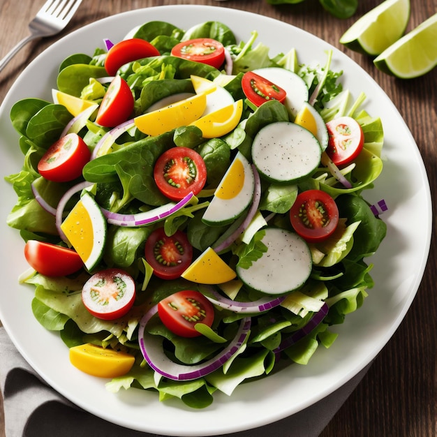 Une assiette de salade avec une fourchette sur une table en bois.