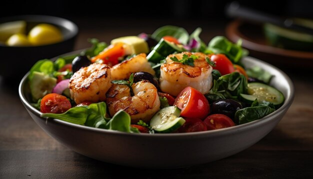 Assiette de salade fraîche avec filet de fruits de mer grillé généré par AI