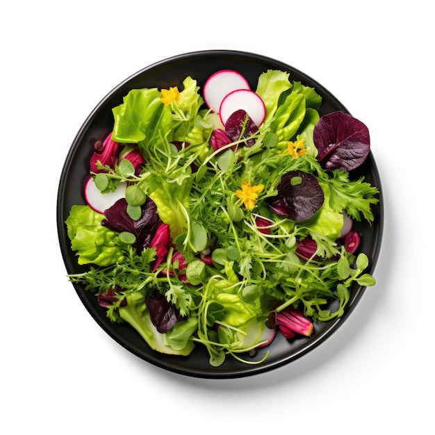 Assiette de salade fraîche avec vue de dessus de légumes verts mélangés sur fond blanc