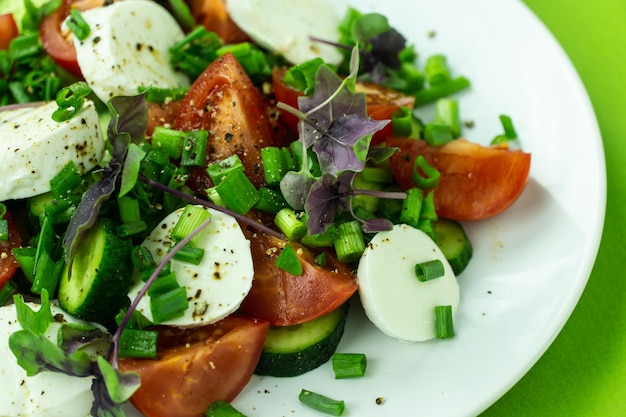 Une assiette avec une salade de légumes mélangés avec du fromage mozzarella et des tomates fraîches