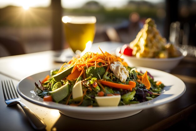 Une assiette de salade avec un maïs et un verre de bière